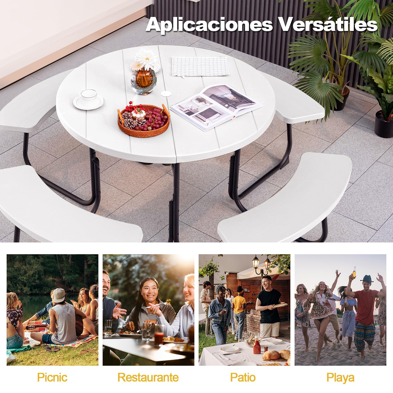 COSTWAY Conjunto de Mesa de Camping con Banco, 8 Personas, Mesa Camping Redonda con 4 Bancos,HDPE, Orificio para Sombrilla, Mesa y Sillas Jardin Patio Terraza (Blanco)