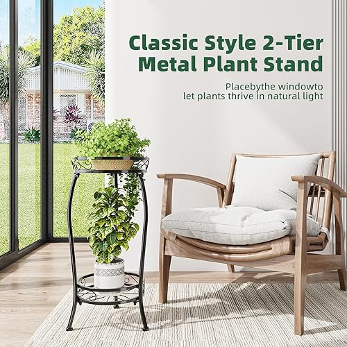 Miniatura 2 de Simple Trending Soporte para plantas para uso en interiores y exteriores, estante redondo de metal de 2 niveles de 26.77 pulgadas con soporte para