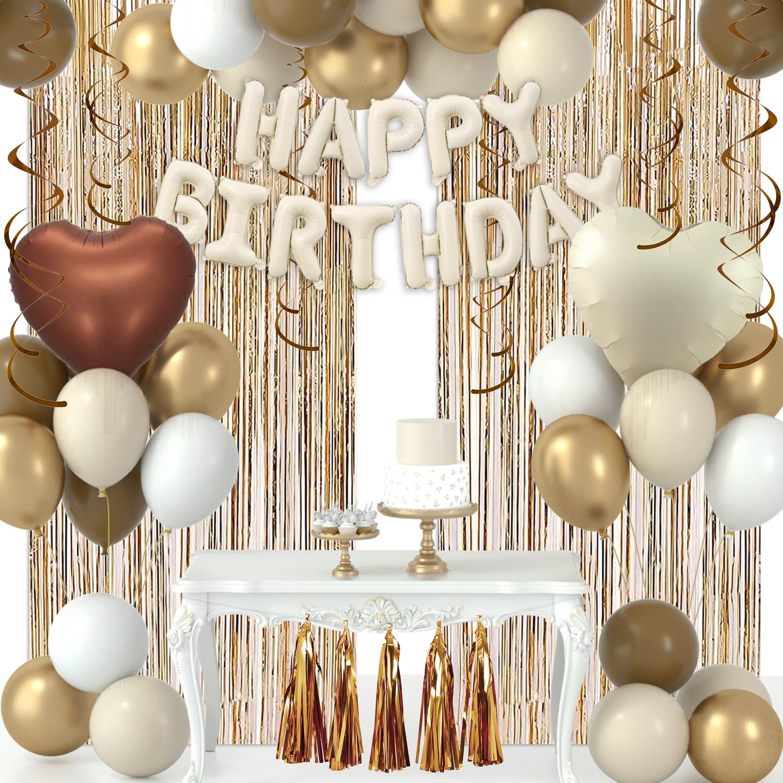 Brown White Gold Birthday Decorations, Rustic Neutral Happy Birthday Party Decorations with Bday Latex Balloons/Heart Foil Balloons/HB Banner/Swirls/