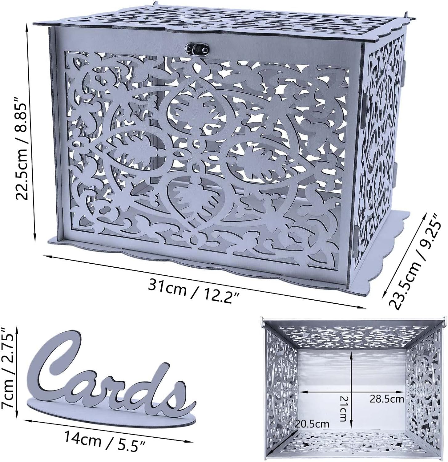 Wooden Wedding Card Hollow Gift Case Box with Lock Baby Showers Birthdays Decoration 31x23.5x22.5cm (Silver Color)
