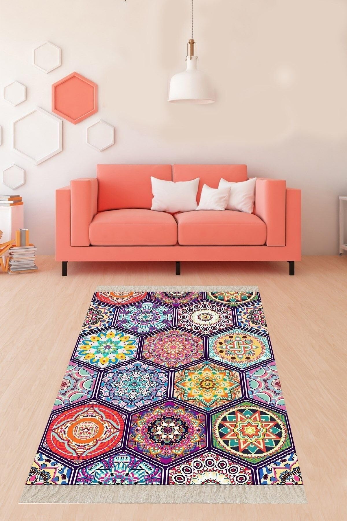 On The Clouds Mandala Desenli Çiçekli Dijital Baskı Yıkanabilir Kaymaz Taban Etnik Salon Halısı ve Yolluk BLT-S-263, 100 x 200