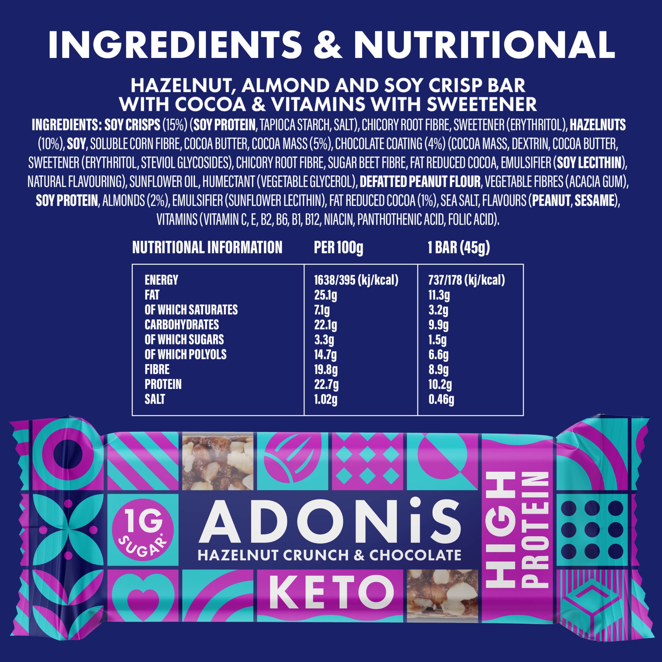 Adonis Keto Barrete Proteiche | Nocciola & Cioccolate Cheto Bar | Snack Bar Cheto, Alto Proteine, A basso Contenuto di Carboidrati, Vegano, Senza Zuccheri, Poche Calorie, Perdita di Peso (16 Pezzi)