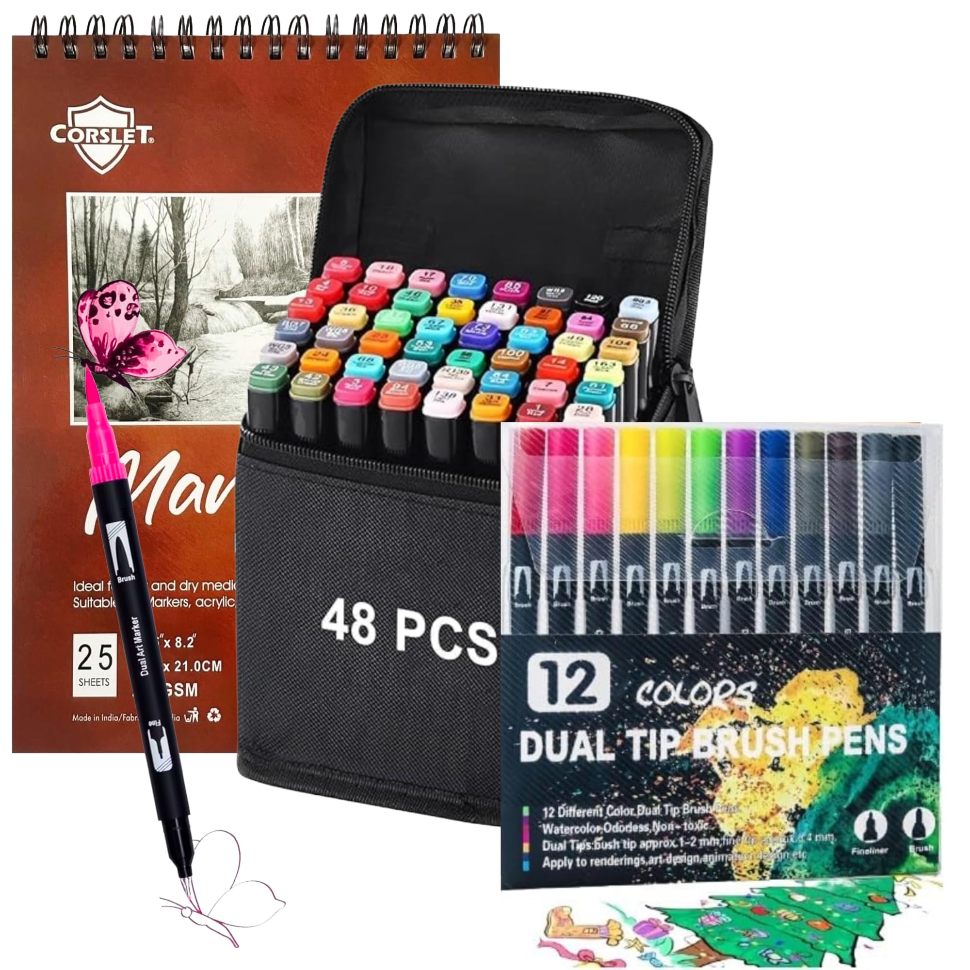Corslet 61-Piece Art Set – Includes 48 Dual Tip Alcohol Markers, 12 Dual Tip Brush Pens, and 1 Bleedproof Marker Pad (200gsm) – Ideal for Drawing, Sketching and Calligraphy – and Suitable for All Ages