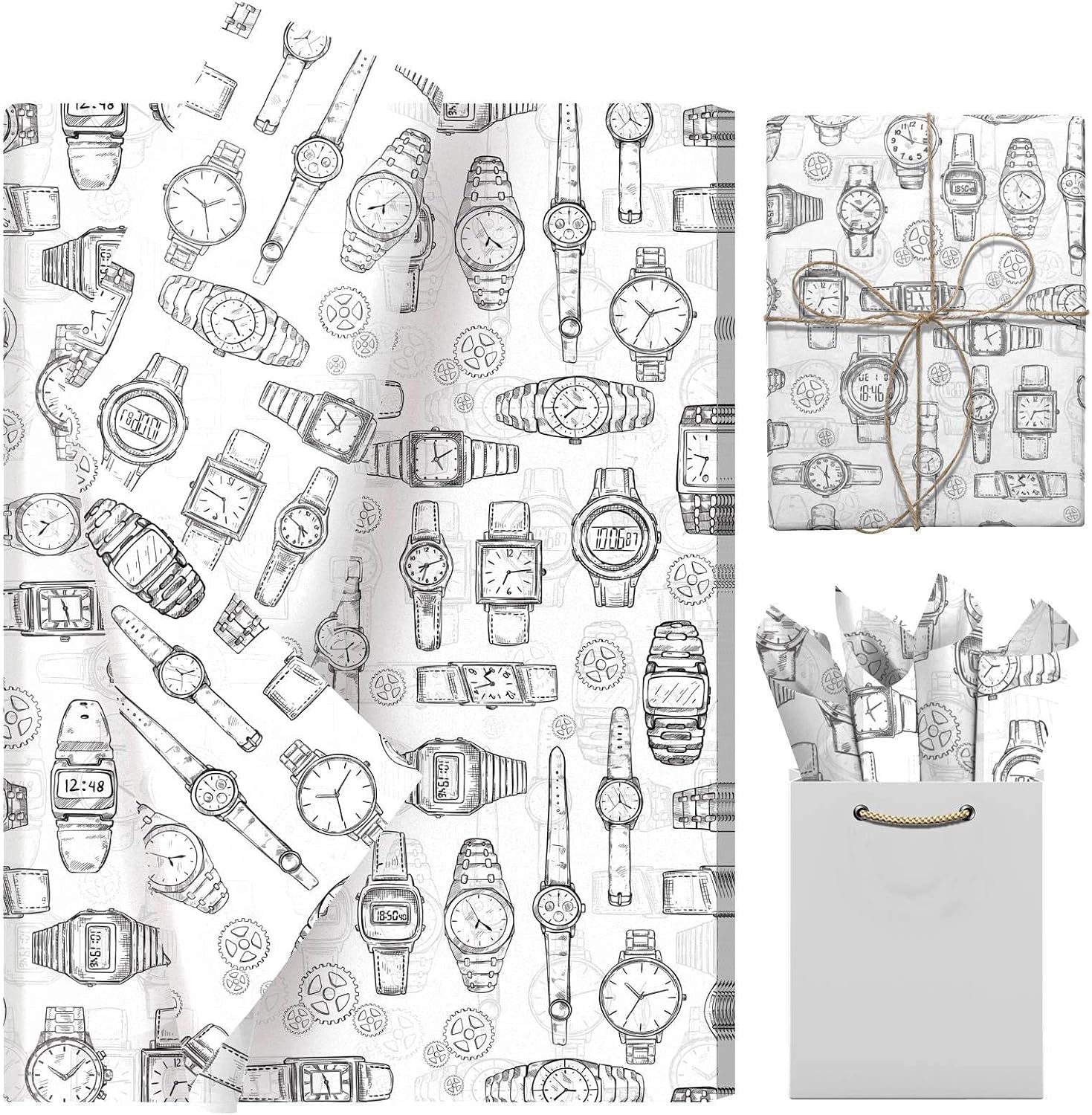 Watch Themed Tissue Paper 100 Sheets for Gift Bag, Gift Wrapping Tissue Paper Bulk, Watch Gear Pattern Decorative Tissue Paper for Gift Box, DIY Craft, Father's Day, 20" x 14"
