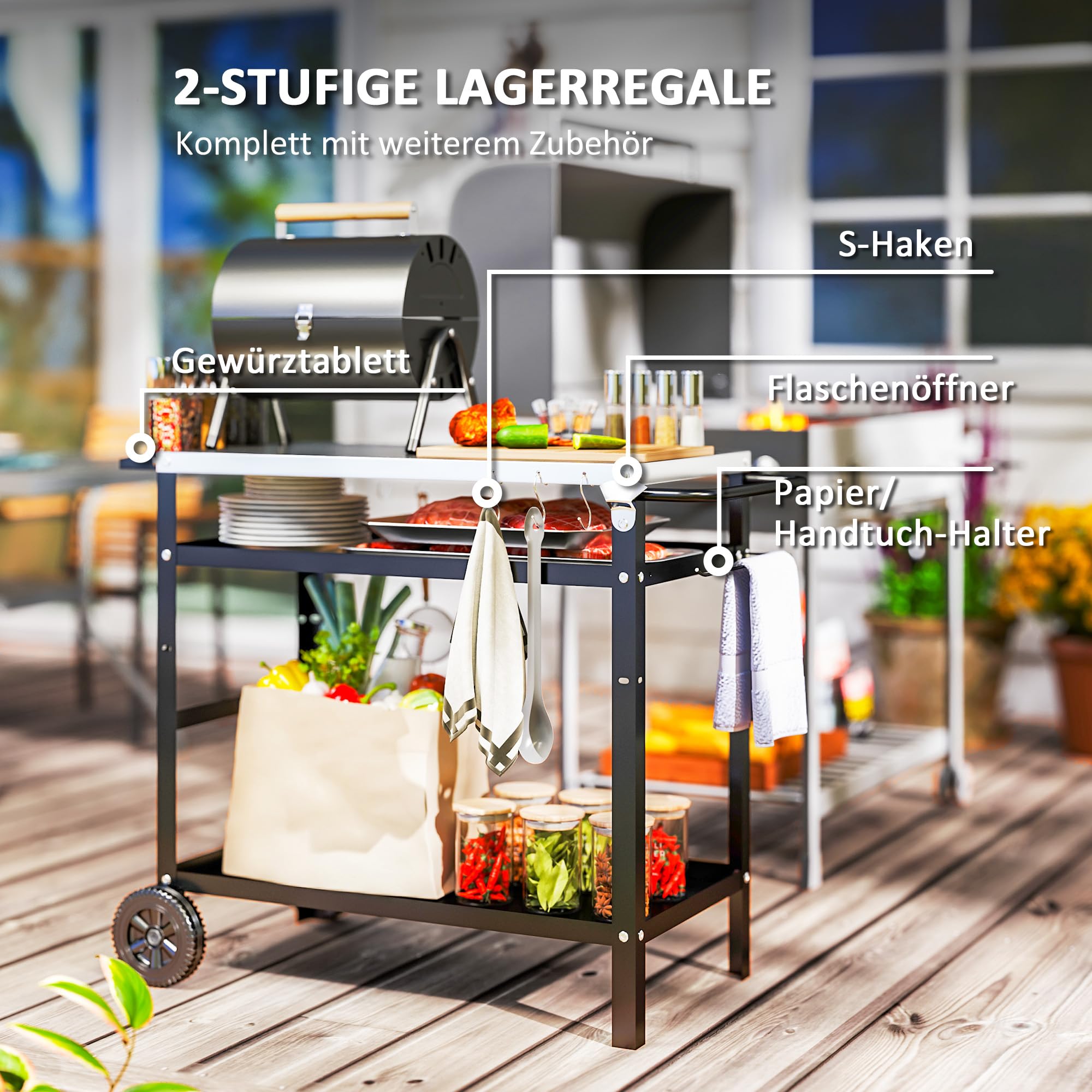 Outsunny Grillwagen 3-Etagen Servierwagen mit Arbeitsfläche BBQ Grilltisch Edelstahl höhenverstellbar 100x52x80cm Schwarz