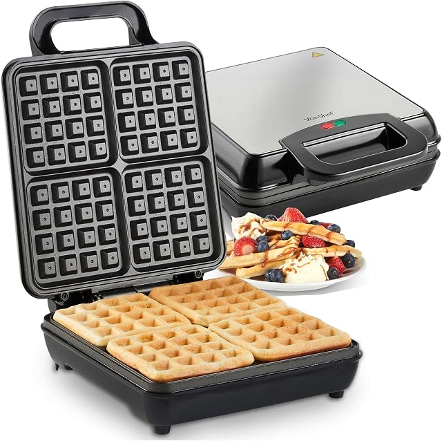 VonShef Waffle Maker Large  4 Slice Waffle Iron with Non-Stick Plates, 1100W, Quad Belgian & American Waffle Machine, Cool Touch Handle  Silver