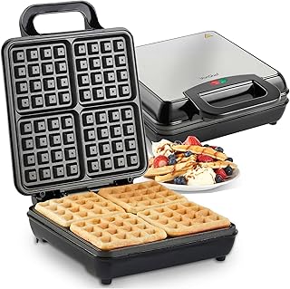 VonShef Waffle Maker Large – 4 Slice Waffle Iron with Non-Stick Plates, 1100W, Quad Belgian & American Waffle Machine, Cool Touch Handle – Silver