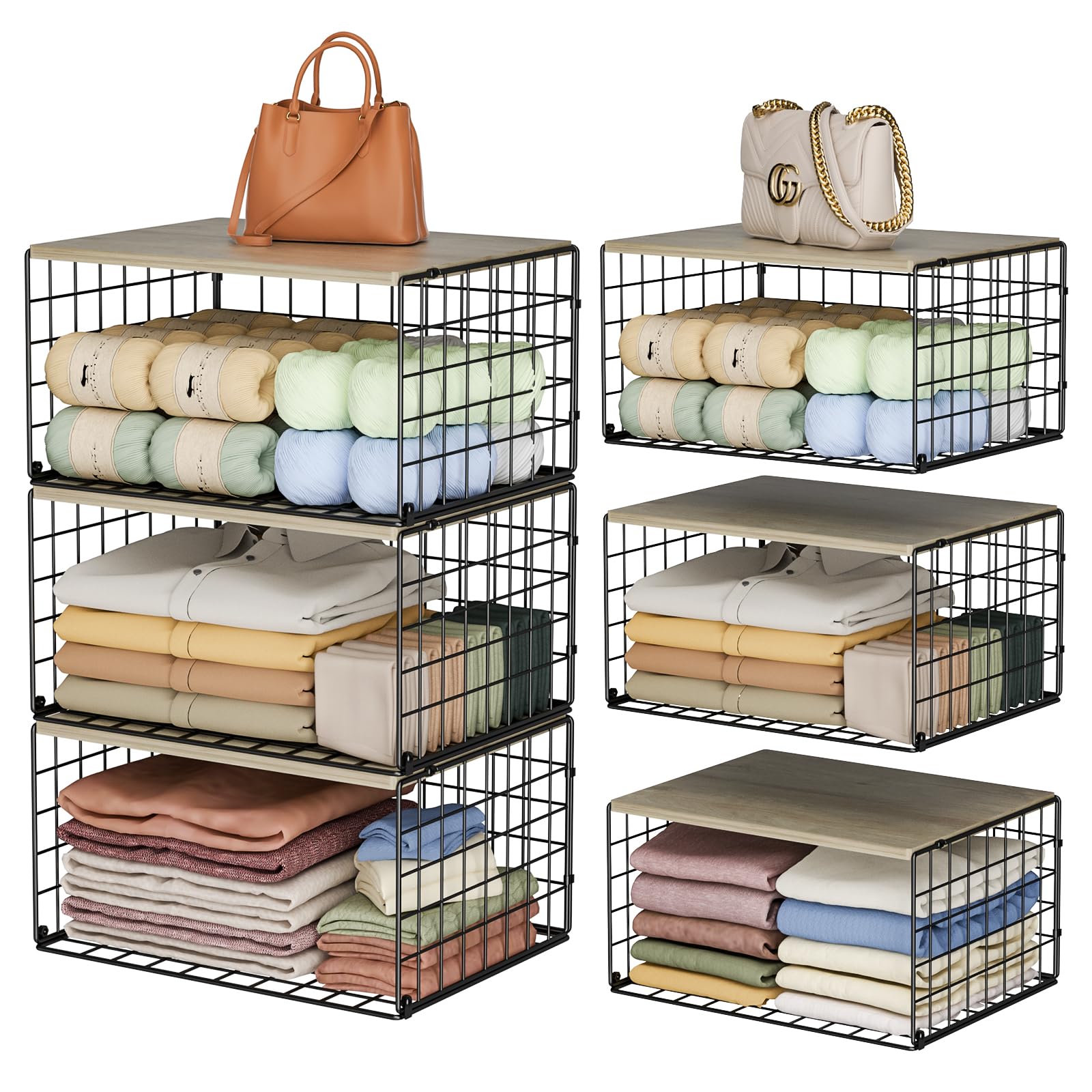 Organizadores de armario apilables y almacenamiento más anchos con parte superior de madera, paquete de 3 organizadores de estante