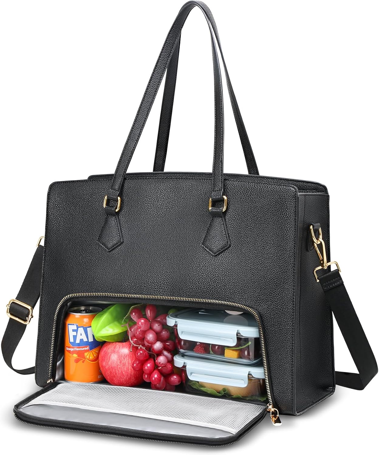 Jetviivid Laptop Tote Bag with Lunch Compartment, PU Leather Work Bag for Women, 15.6 Inch Laptop Bag for Office,Work, Black