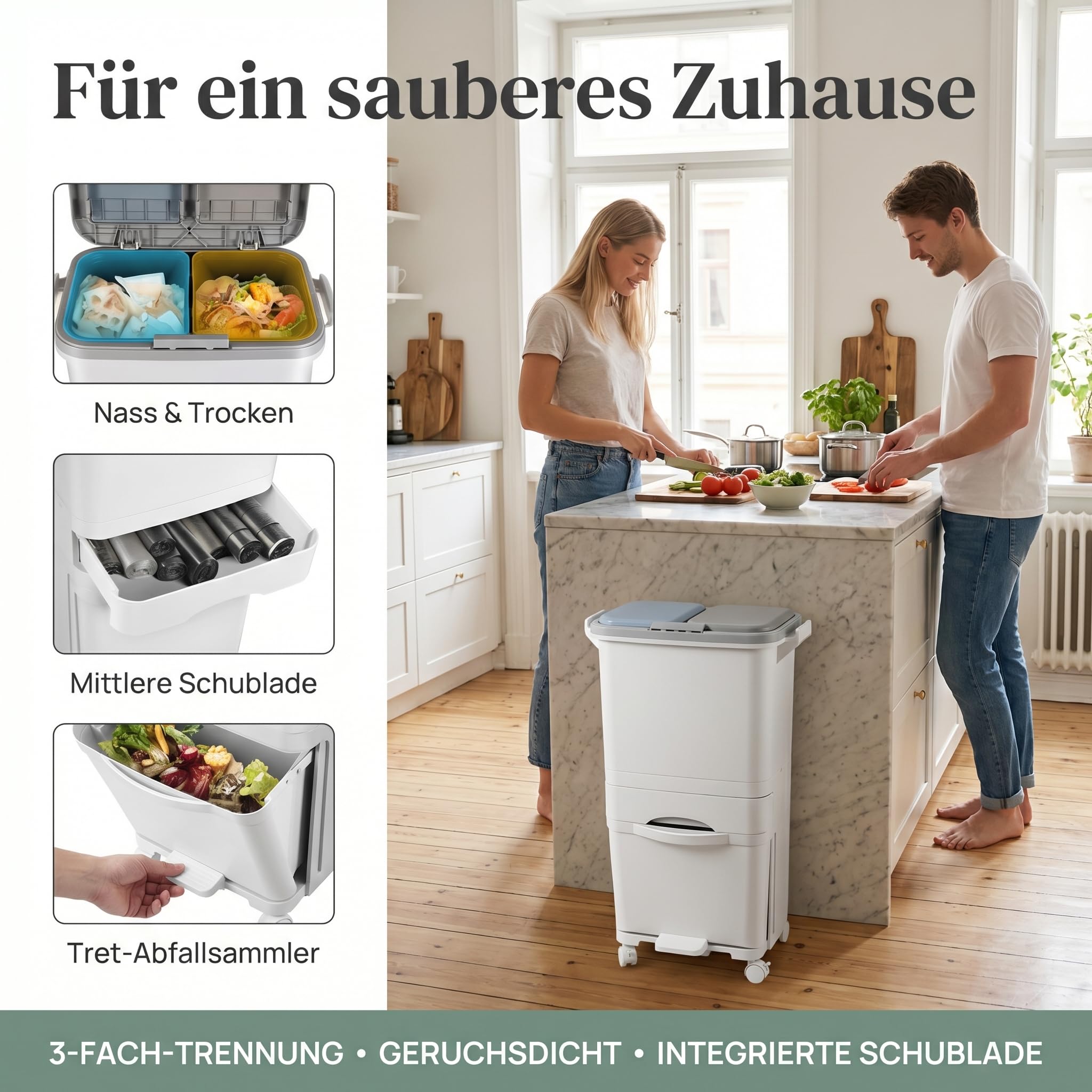 Küchenabfalleimer 3 Fächer, Großvolumiger 42L Mülltrennsystem mit Druckdeckel, Fußpedal, Lenkrollen und Mittelschublade, Treteimer für Abfalltrennung in Küche, Büro, Wohnung