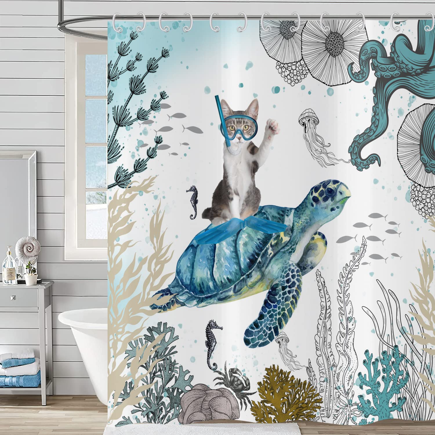 Hnmdmyi Funny Shower Curtain 150x180, Cute Cat Riding Sea Turtle Shower Curtains Ocean Underwater Landscape Coral Reef Marine Animal Kids Bathroom Curtains Waterproof Polyester Fabric Bath Curtains — image 1