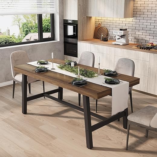 GarveeHome Industrial Dining Table for 4-6 People, 63 in Long Wooden Kitchen Table with Sturdy Metal Frame & Natural Wood Finish - Seats 4 Rectangular Counter for Dinner, Kitchen, Dining Room - Brown