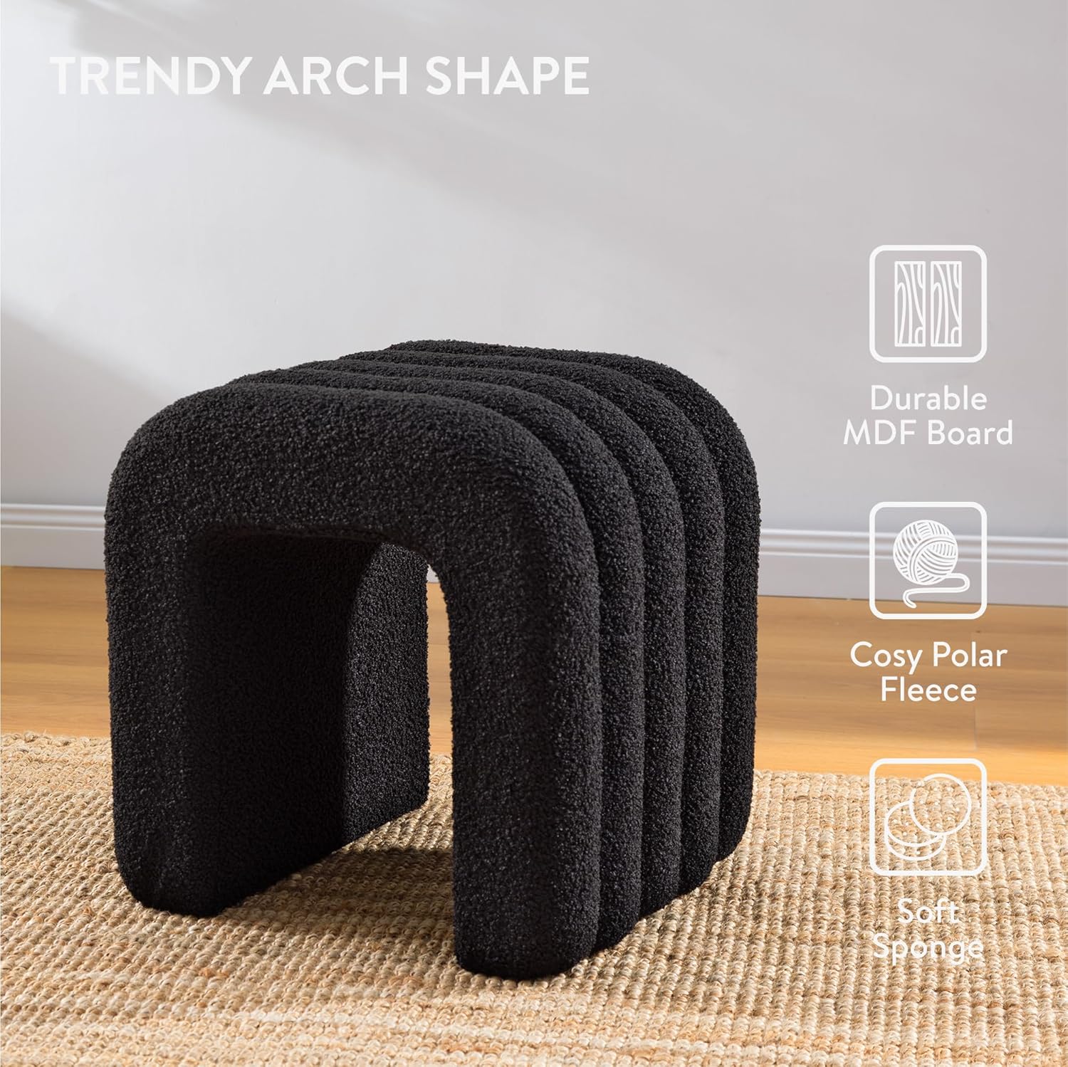 Navaris Boucle Ottoman - Chic and Versatile Foot Stool - Sturdy and Comfortable Dressing Table Chair - Living Room Furniture and Nursery Decor - Black