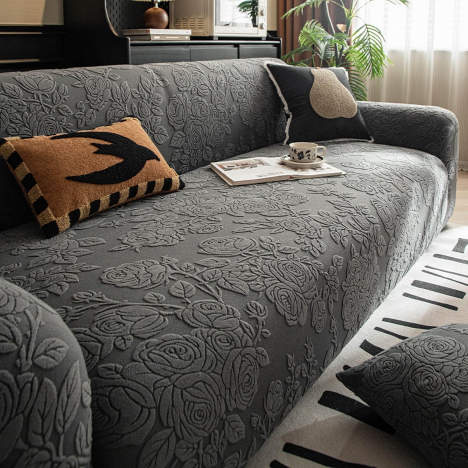 1-5 Seater High-Stretch Couch Covers Minimalist Rose Print Pattern Sofa Covers Washable Sofa Slipcover All-inclusive Couch Covers, Pets Couch Protector(Size:3 Seater (190-230cm),Color:Dark Grey)