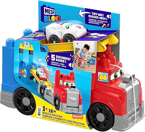 Miniatura 5 de MEGA BLOKS Fisher Price - Juguete de construcción de autos de carreras para niños, 16 piezas, 5 sonidos y pista de carreras, rojo, ideas de regalo