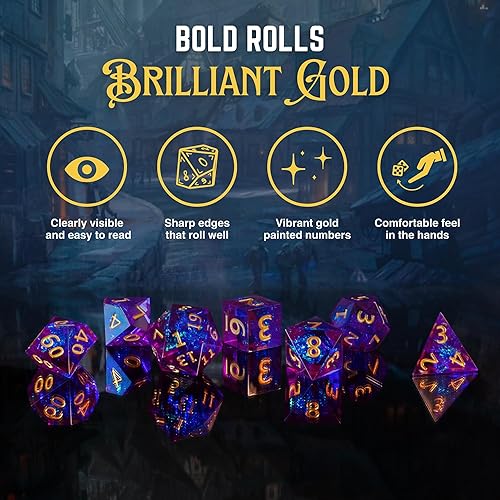 Miniatura 2 de DND - Juego de 7 dados poliédricos de resina de borde afilado para Calabozos y Dragones, con bolsa de dados, bandeja de dados y calcomanías (lavanda