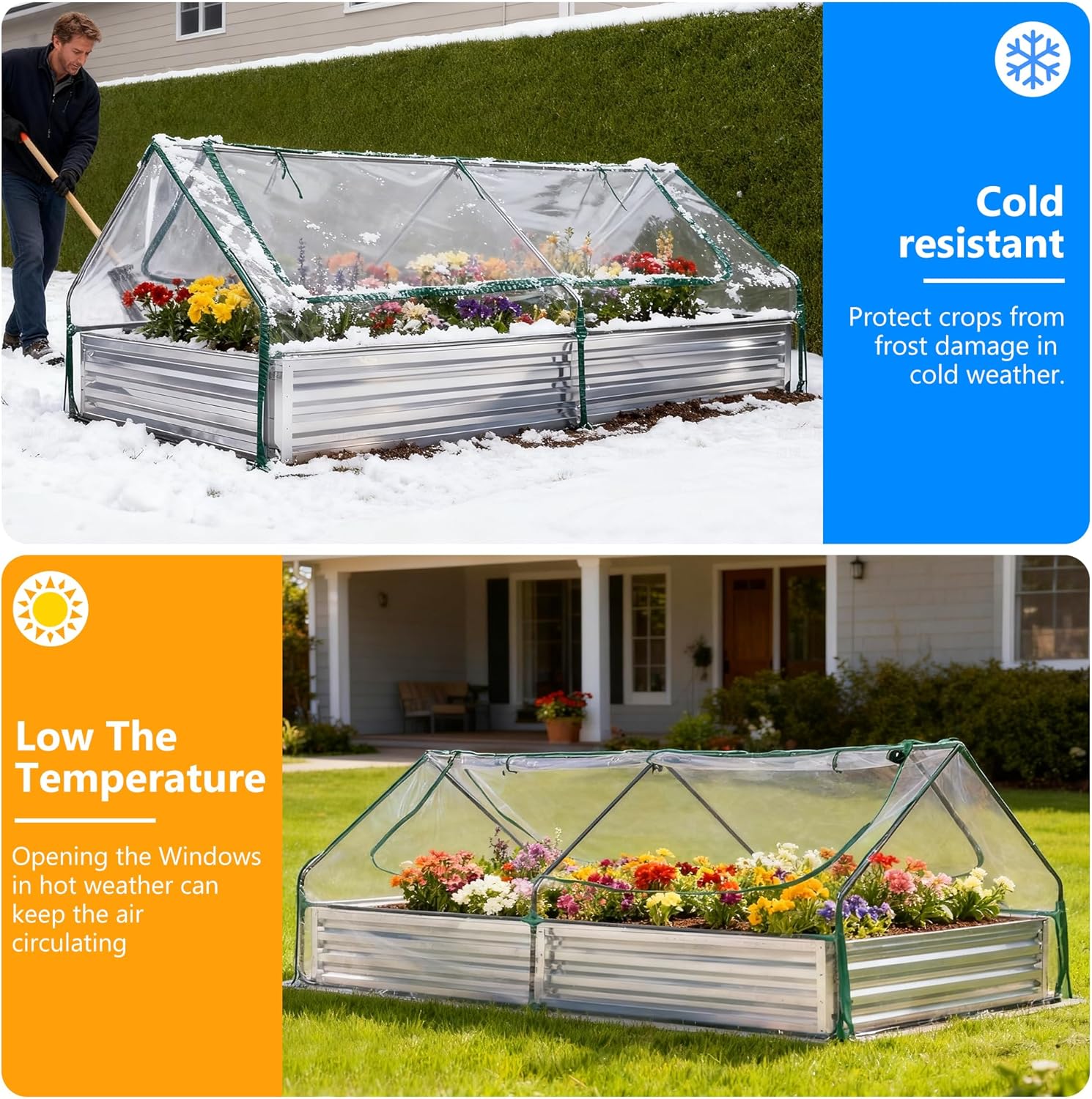 DUMOS 8x4x1ft Galvanized Raised Garden Bed with Cover, Planter Box Outdoor for Deep-Rooted Herbs/Flowers/Vegetables, Large Metal Garden Bed Mini Greenhouse for Patio, Balcony and Backyard, Silver