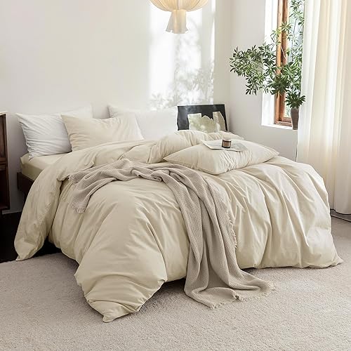 Miniatura 8 de FOSSA Juego de funda de edredón 100% algodón lavado, tacto súper suave, transpirable, acogedor, 3 piezas, juego de ropa de cama, color gris almendra