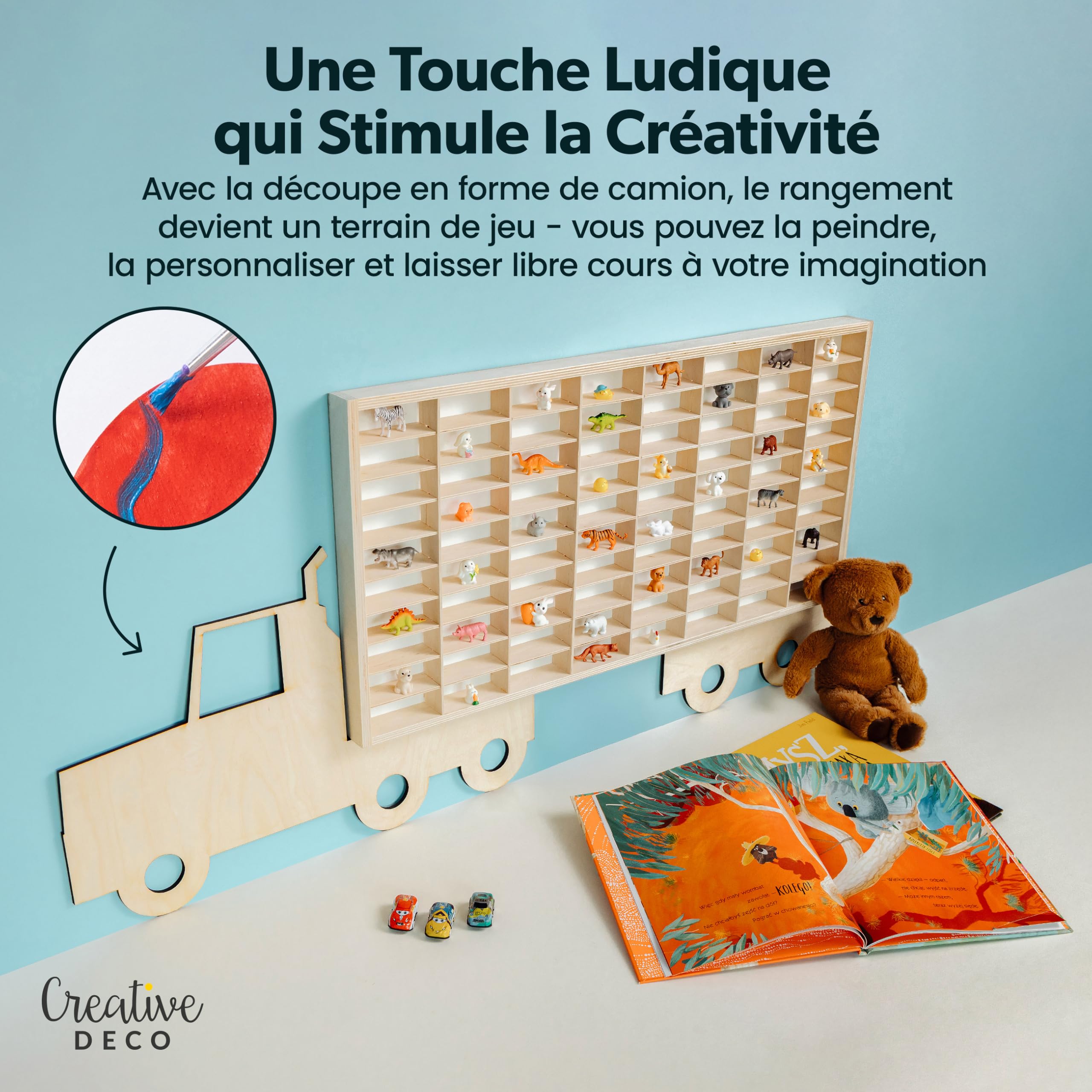 Creative Deco Étagère de Collection en Bois pour Petites Voitures – 80 Compartiments Réglables | Étagère Murale Verticale pour Figurines | Vitrine de Collection en Forme de Camion 116 x 54 x 5 cm