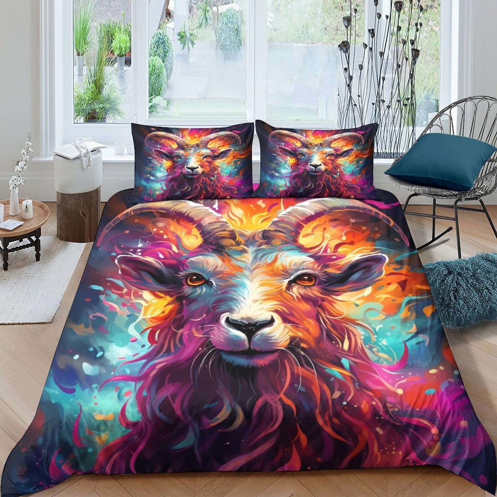 Ctjqhvkz Style-1 3D Printed Fire Ram Fitted Sheet Microfiber Colorful Animal Mattress Cover For Bedroom Guestroom Mattress Protection Decor Single（135X200cm）