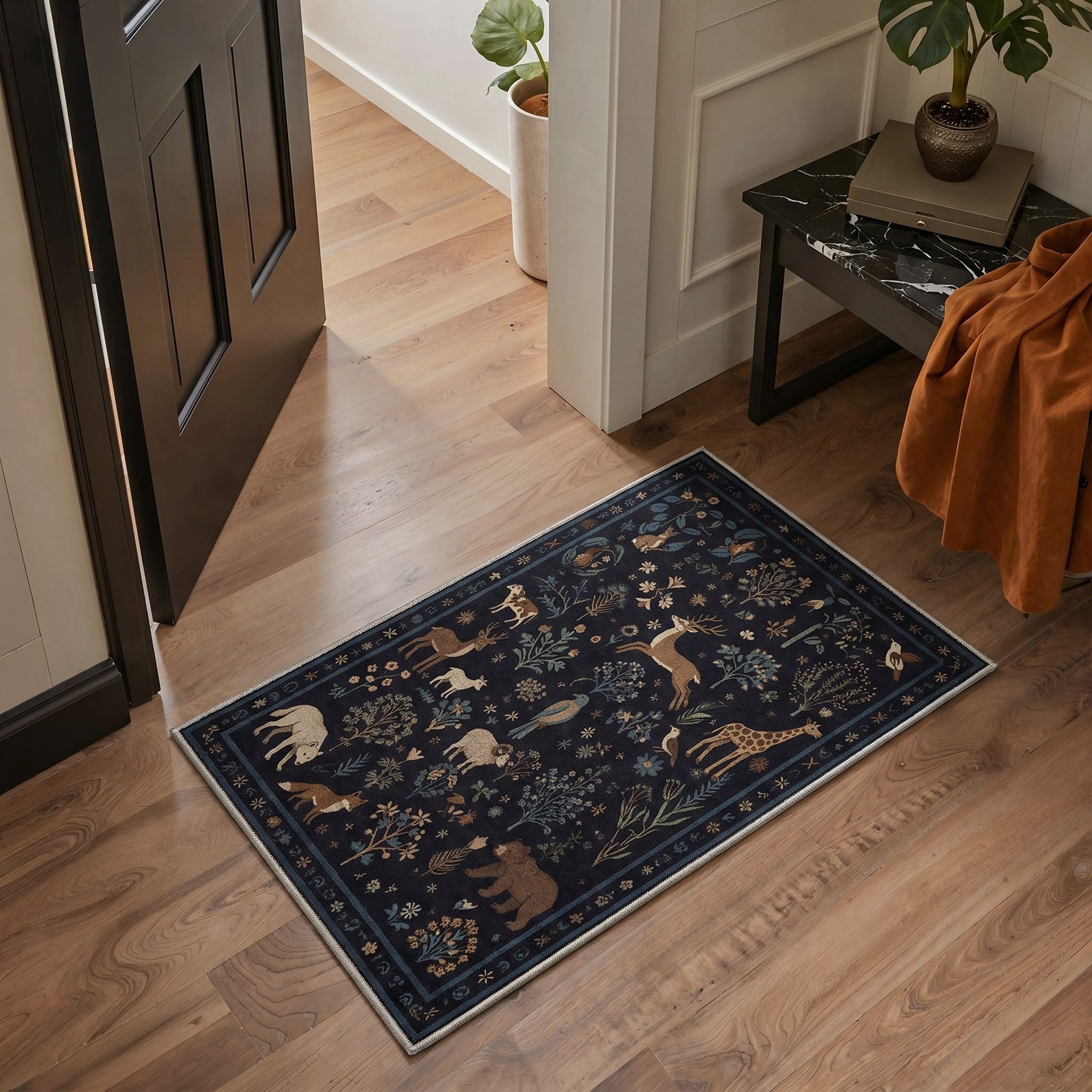 Photo 1 of ***SIMILAR ITEM***
Bavni 2X3 Area Rug, Animal Woodland Creatures Machine Washable Biomimetic Non Slip Rugs for Entryway, Low Pile Soft Stain Resistant Doormat for Entrance, Bedside, Midnight Blue