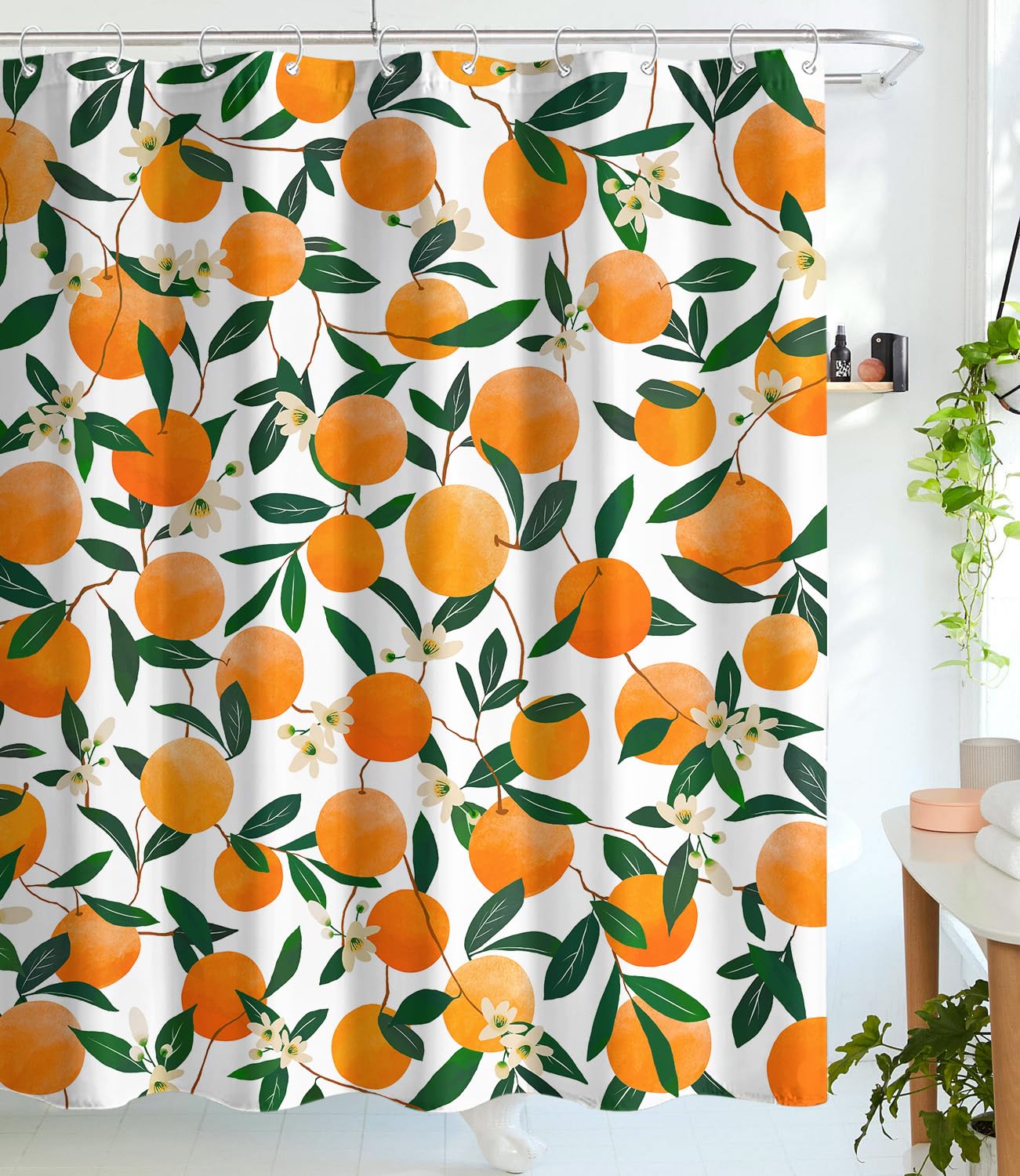 Lifeel Orange Shower Curtain, Allover Fruits Round Citru Pattern Design Waterproof Fabric Bathroom Curtains Set with 12 Hooks, Orange Green 72×72 inch