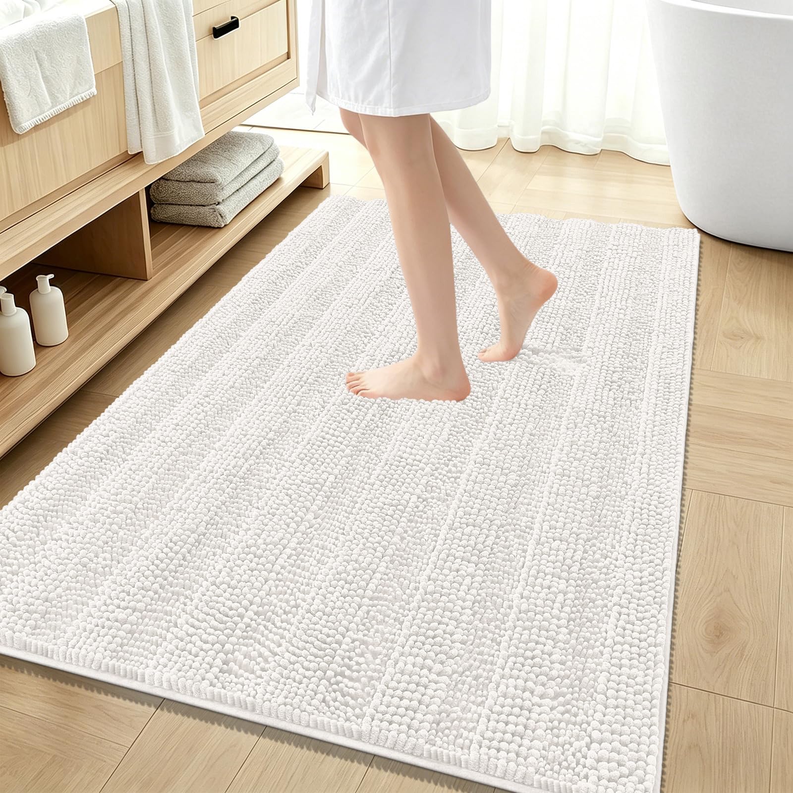 OLANLY Thick Large Bathroom Rugs 59x35, Soft Chenille Bath Rugs, Ivory