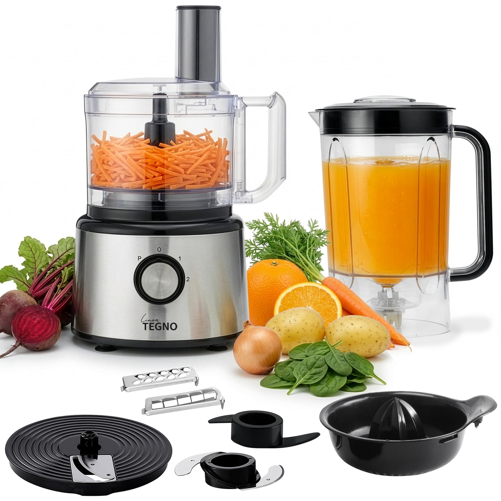 Food Processor - Linea Tegno – Multifunktionale 5-in-1 Küchenmaschine aus Edelstahl – Zum Hacken, Raspeln, Schneiden & Mixen – 2,3L Schüssel & 2,7L Standmixer, Zitruspresse – BPA-frei