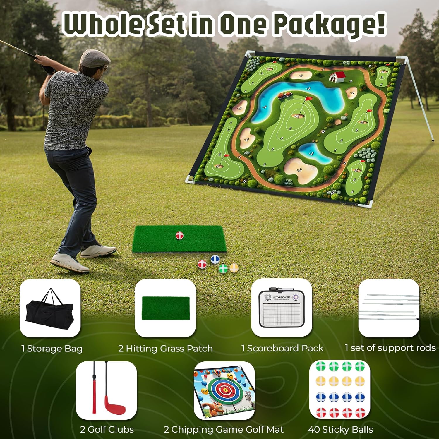 2-IN-1 Portable Golf Chipping Game Set 6×6FT 2PCS Adjustable Golf Practice Mat with 3-Level Golf Clubs 40 Sticky Balls for Indoor Outdoor Training Playing Chipping Golf Game Practice For Golfers