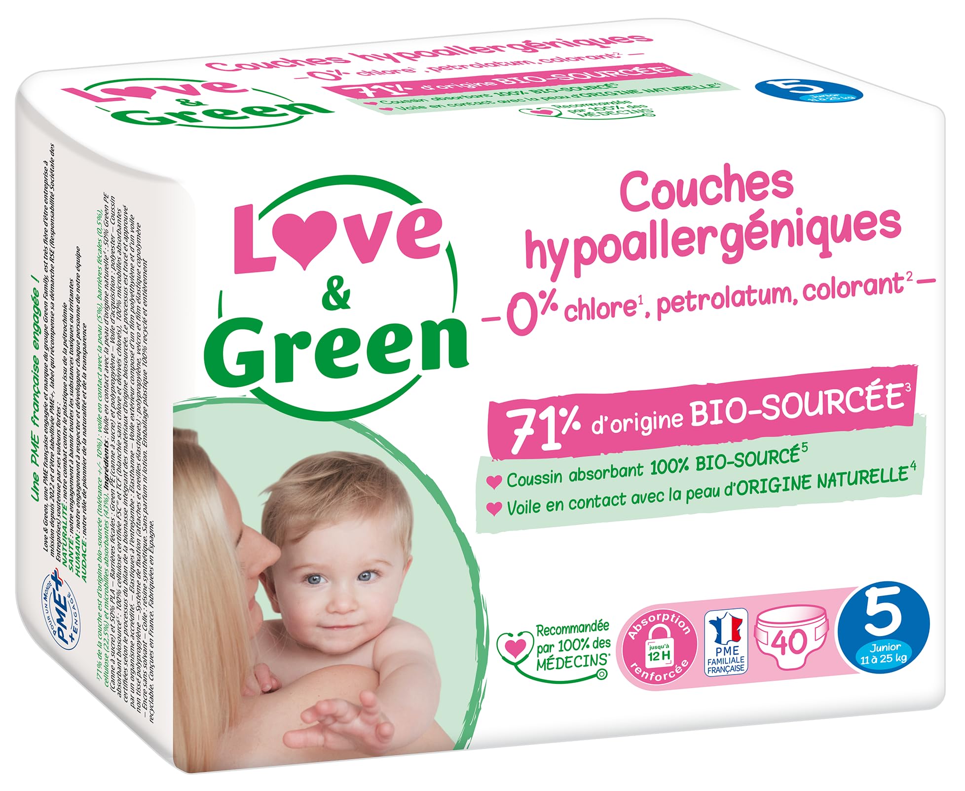 Love & Green - Couches Bébé Saines et Ecologiques - Taille 5 (11-25 Kg) - Pack 1 Mois (160 Couches) - Absorbante, anti-fuites et sans ingrédients indésirables - 3