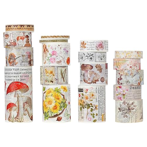 AEBORN Juego de cinta Washi vintage 18 rollos de cinta adhesiva ancha con hongos flores plantas mariposa perfecto para diario de balas manualidades