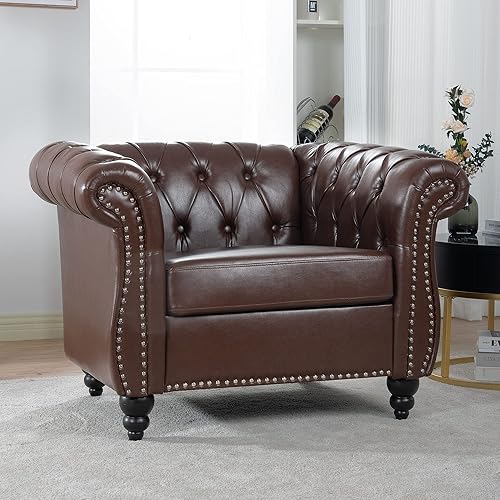 Miniatura 3 de LEVNARY Silla Chesterfield de cuero, moderna silla de sofá individual de mediados de siglo, sillón tapizado enrollado para el hogar, dormitorio,