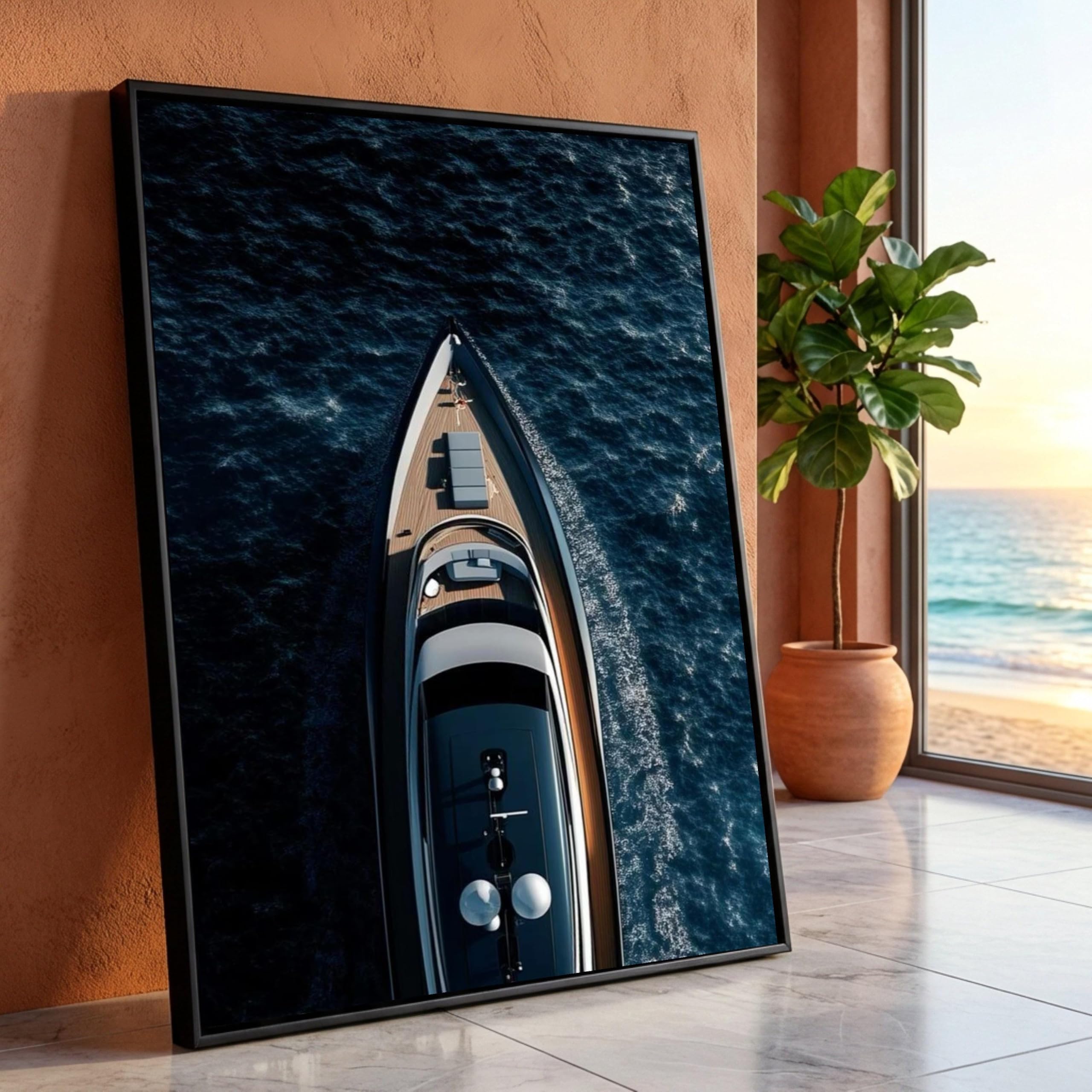 TONGYINLI Luxury Yacht Aerial View Canvas Prints, Ocean Boat Wall Art, Nautical Posters, Coastal Living Room Decor Painting(70x100cm/Frameless)