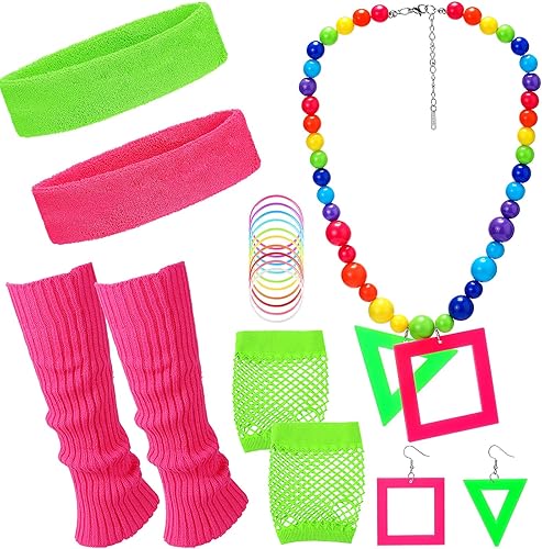 Blulu 16 piezas de accesorios de Halloween de los años 80 para mujer, diadema de neón, calentadores de piernas, guantes de red, aretes, collar,