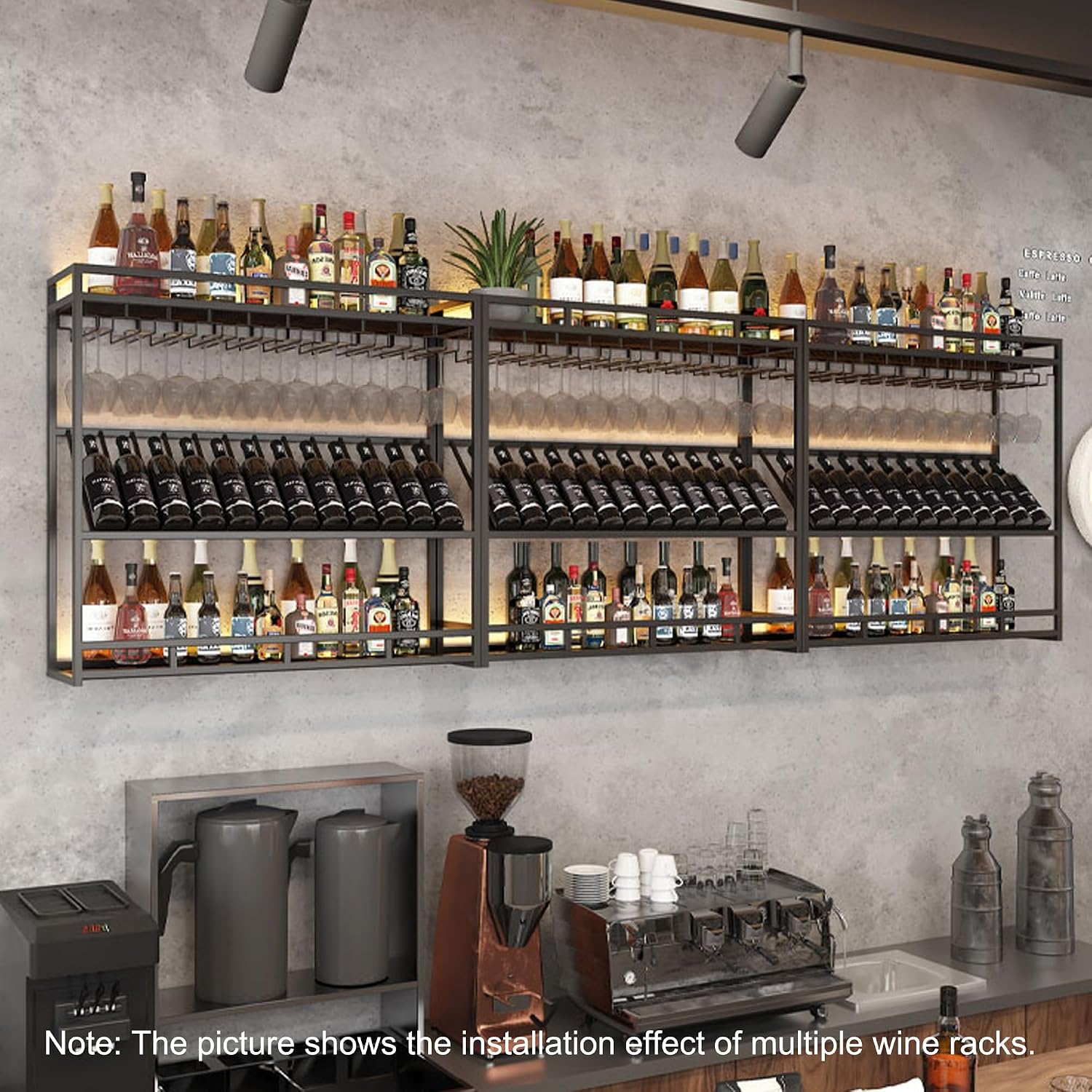 Wall Wine Rack Bar Shelves Liquor Shelf Wall Mounted for Wine Bottles with Hanging Wine Glass Holder Bar Cabinet Mini Bar Liquor Bottle Display Shelf for Home Bar Dining Room Kitchen(Black,60cm/24in)