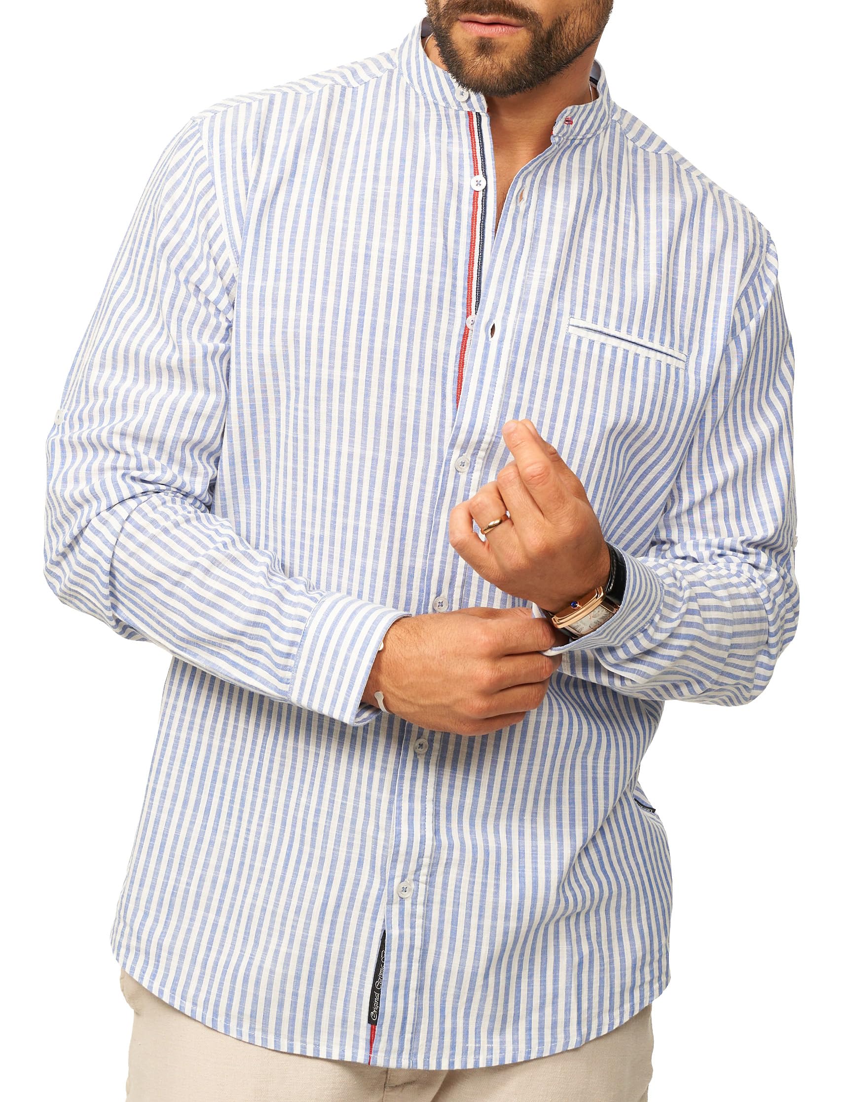 behype. Herren Leinenhemd als Langarmhemd Gestreift - Freizeithemd im Regular-Fit mit Stehkragen Sommerhemd - Strandhemd im Sommer-Look für Männer