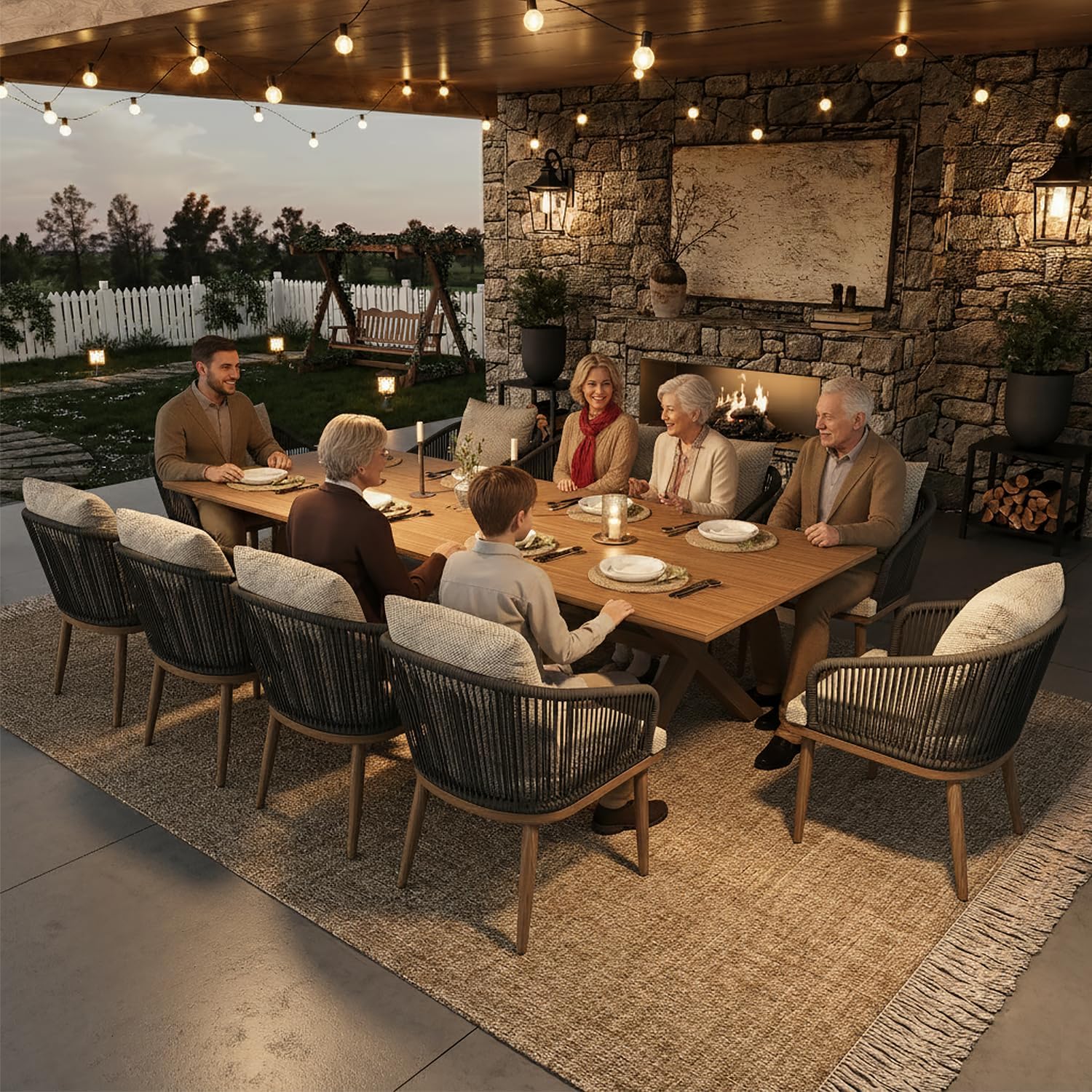 Outdoor Dining Table Set, 7 Piece Patio Rectangular Slat Table and Woven Rattan Chairs Dining Furniture Set for Outside Deck