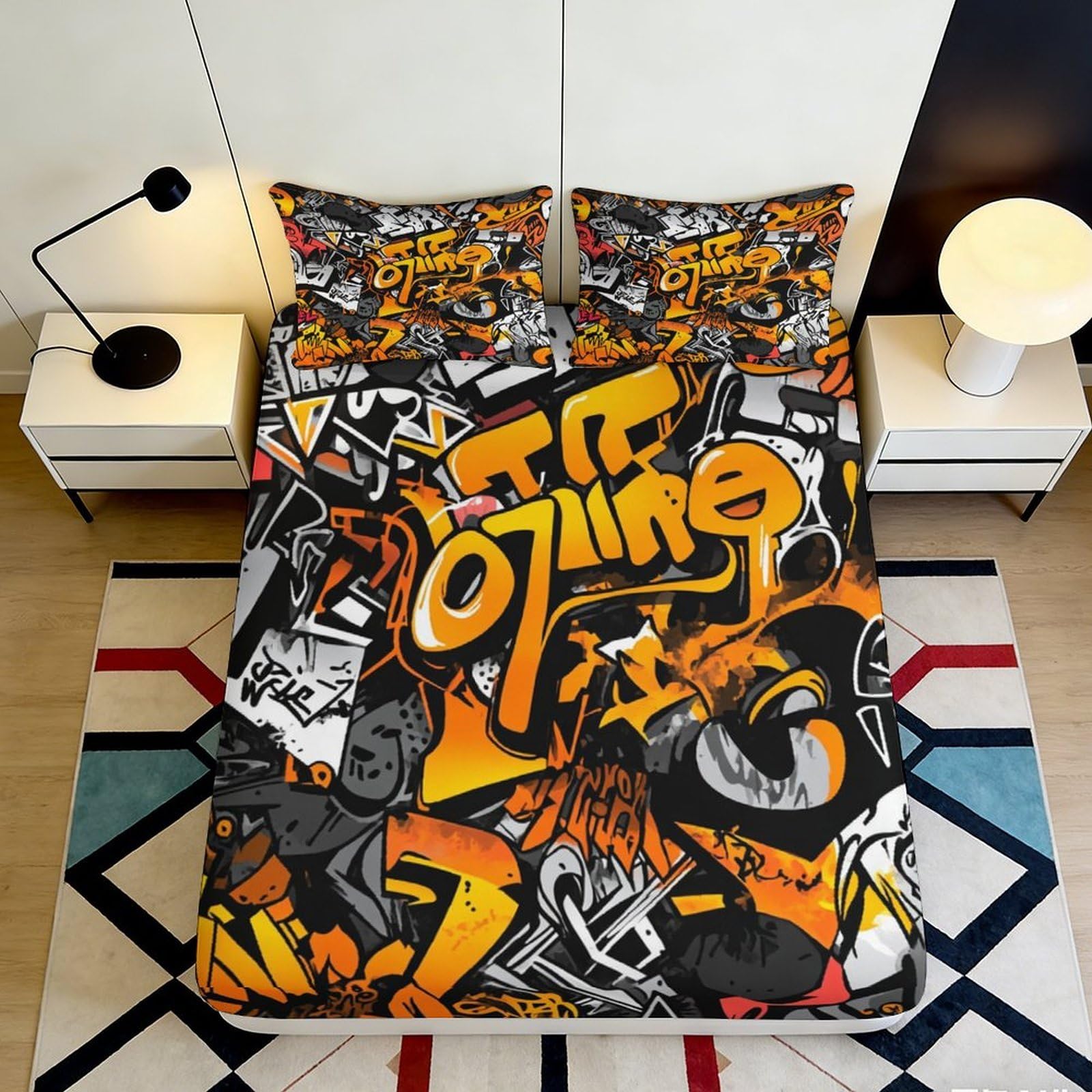 3D Printed Graffiti Art Fitted Sheet Microfiber Soft Orange Black Urban Street Mattress Cover for Bedroom Guest Room Decor 90x200x25cm