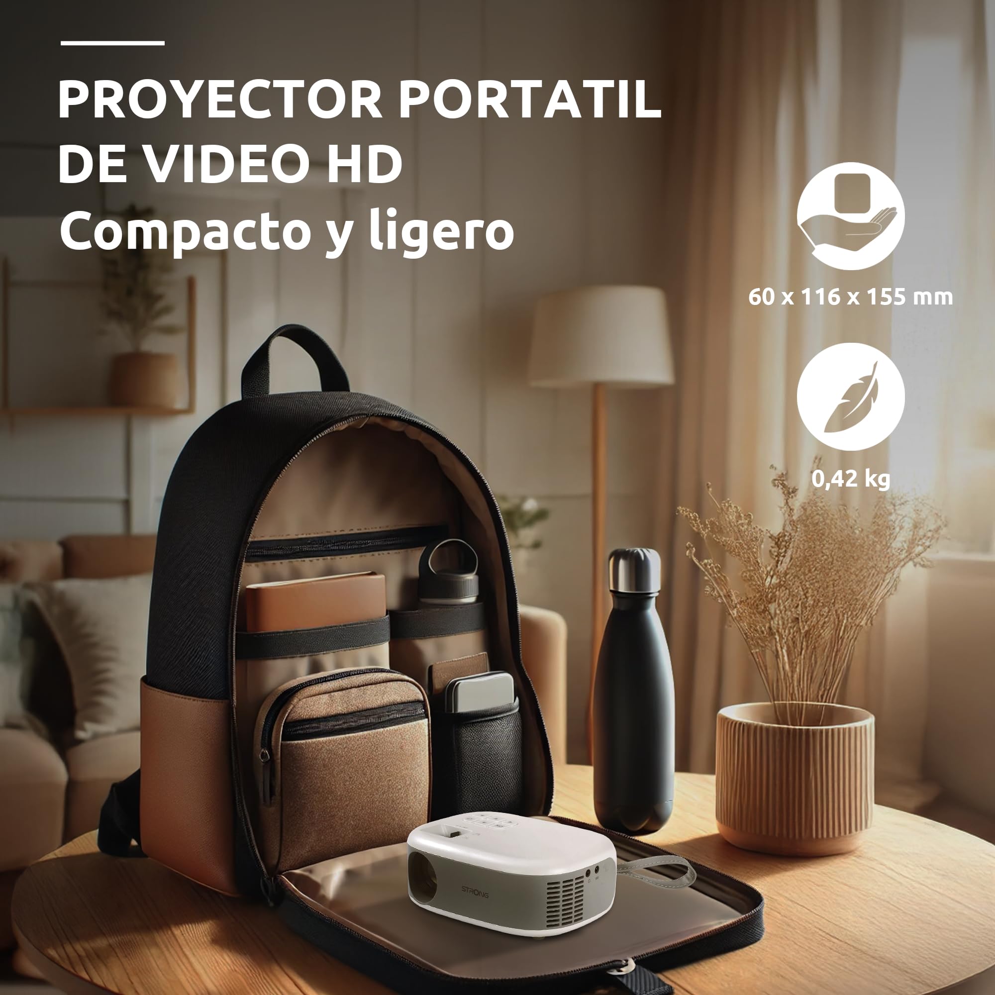 STRONG - Mini Proyector de Vídeo N1 - Resolución HD 720p Compatible con Full HD 1080p - 120 ANSI Lúmenes - Distancia de proyección 0,9 a 6,2 m - Conectividad HDMI/USB/AV + Salida de Audio - Blanco