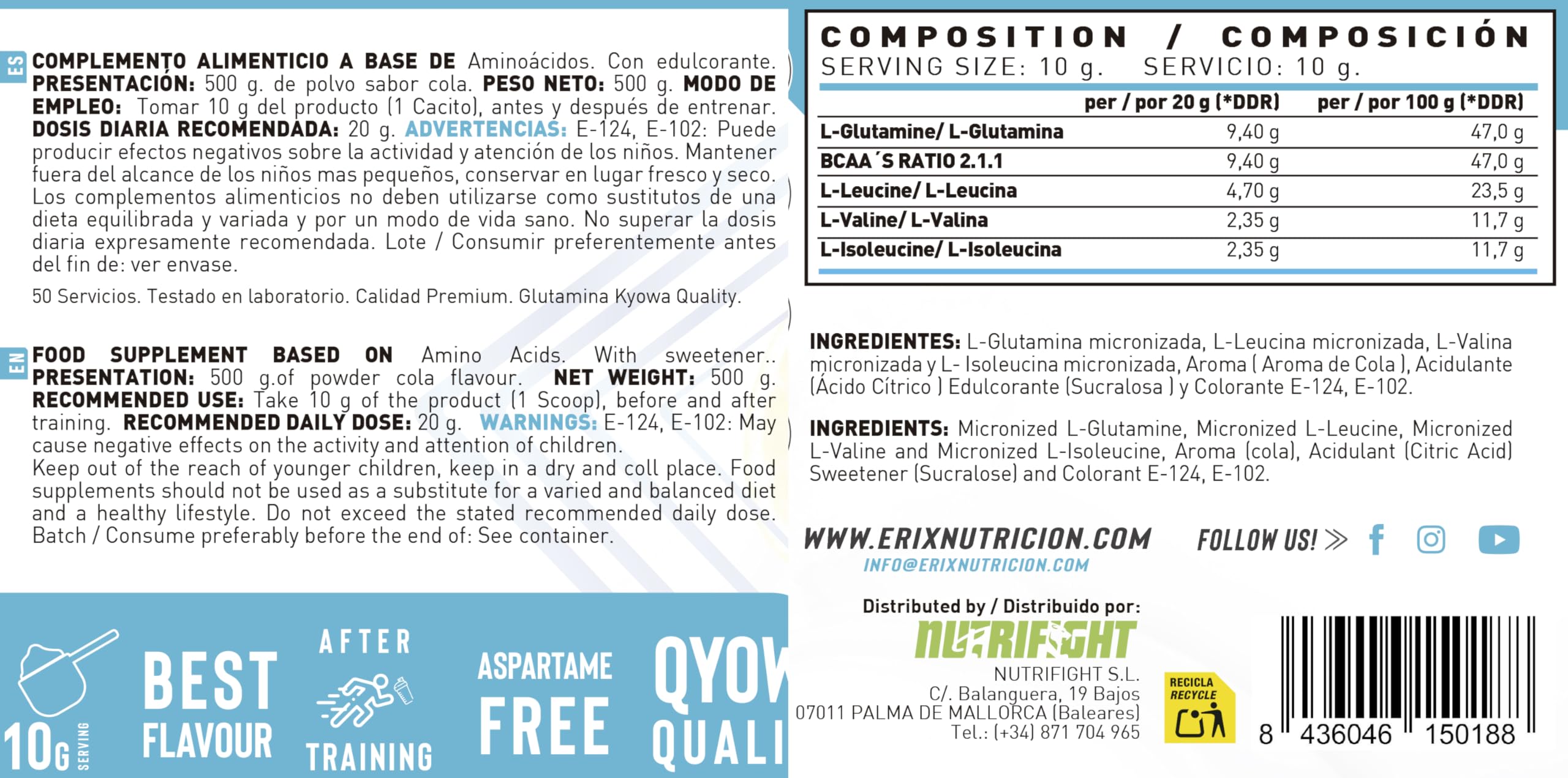 ERIX Nutricion Pack Entrenamiento - BCAA 2:1:1 + Glutamina (500g, Sabor Cola) y Multivitamínico (30 Cáps) - Incluye Shaker 700ml de Regalo - Recuperación Muscular y Vitalidad