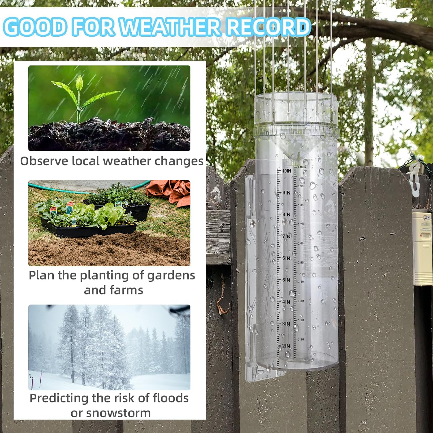 Regenmesser für den Außenbereich, 25,4 cm Kapazität, leicht zu lesen, großer Regen- und Schneemesser mit Halterung, frostsicherer Regenmesser für Hof, Garten, Niederschlagsmessung, präzise,