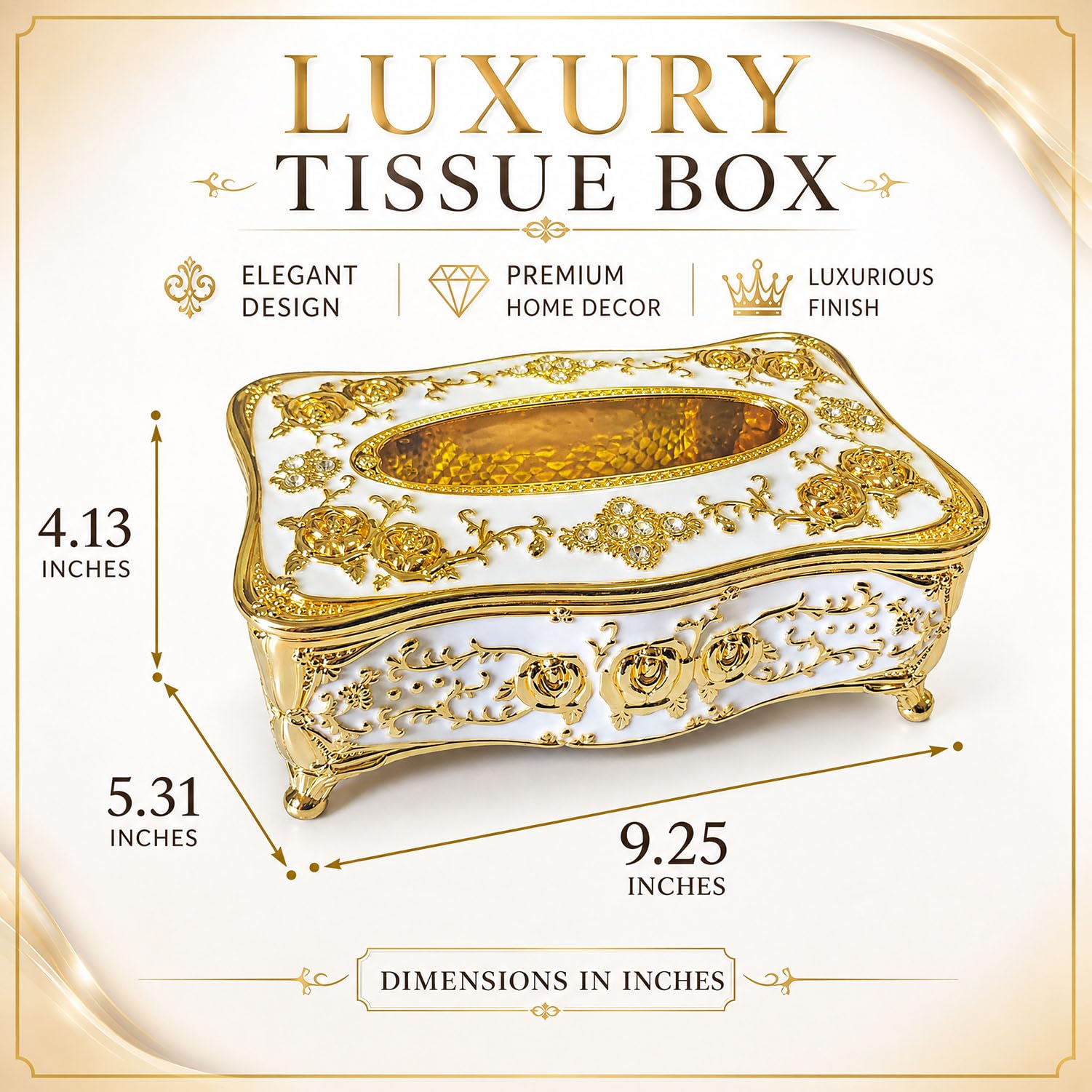 Bling Rhinestone Tissue Box Holder,Luxurious European Style Rose Tissue Box Cover for edroom,Office,Bathroom,Home,Travel,Restaurant(Gold&White) 3