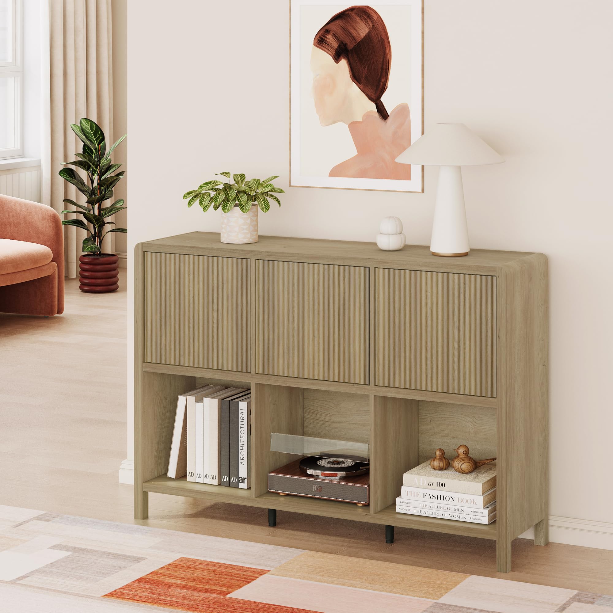 [en.casa] Lukkodso komoda do salonu z 3 drzwiami, komoda typu push-to-open, 6 półek, 77 x 110 x 30 cm, imitacja dębu, rustykalna