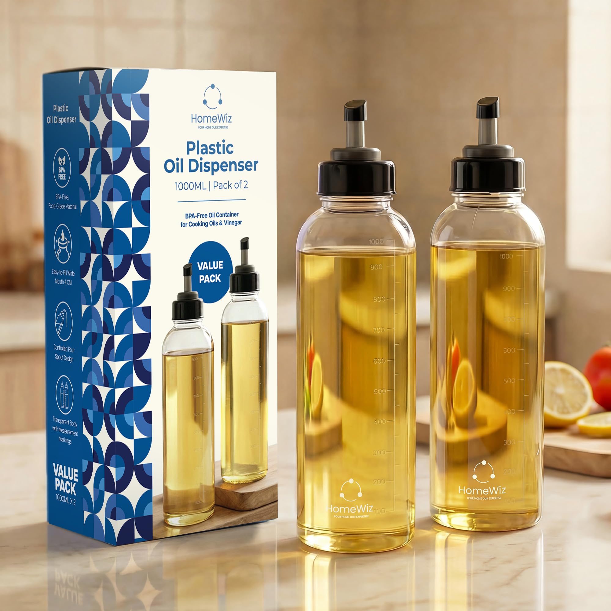 HomeWiz Plastic Oil Dispenser Set | 2 Pack, 1 Litre Each | Transparent, Leak-Proof, BPA-Free Bottles for Cooking Oils, Vinegar & Liquid Condiments | Kitchen Essentials | 2000 ml-image-37