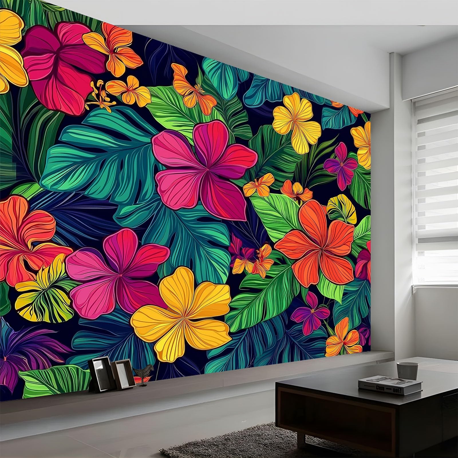 Photo Wallpaper 250 x 175 cm Tropical Flowers Leaves 3D Non-Woven Art Print Wall Mural Decor, Modern Living Room Bedroom Art Poster Mural Wallpaper, White