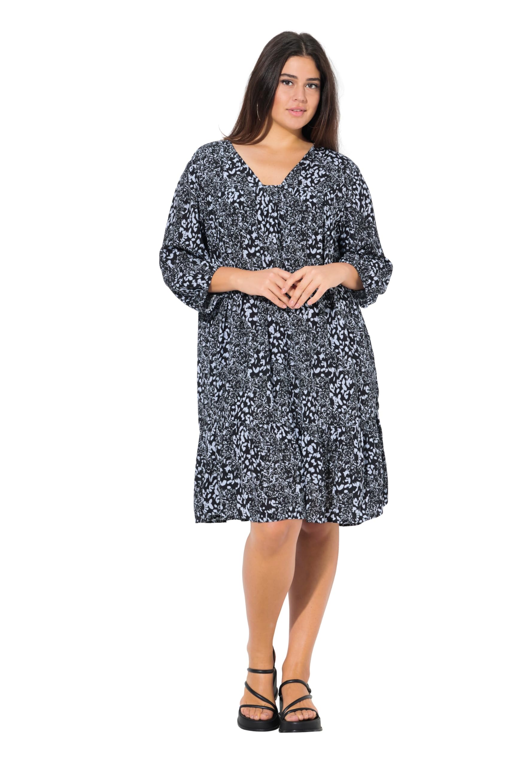 Ulla Popken Damen große Größen Übergrößen Plus Size Kleid, Volantsaum, A-Linie, V-Ausschnitt, 3/4-Arm 837607