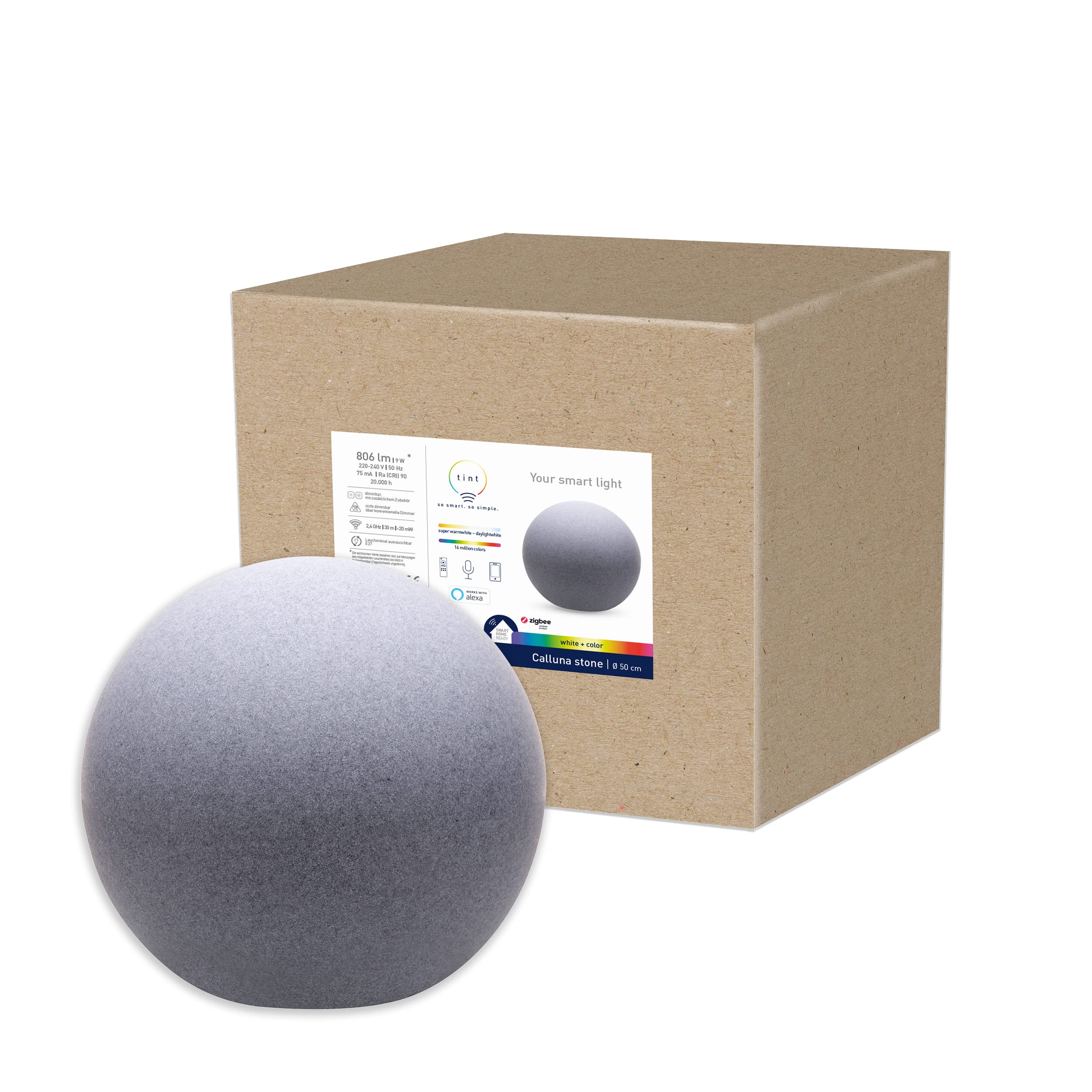 tint Smarte Outdoor LED Leuchtkugel Calluna Ø 50cm, Gartenkugel, Kugelleuchte, Farbwechsel RGB, E27 Fassung, ip44 für Außen, Zigbee, funktioniert mit Alexa, Optik: stone…