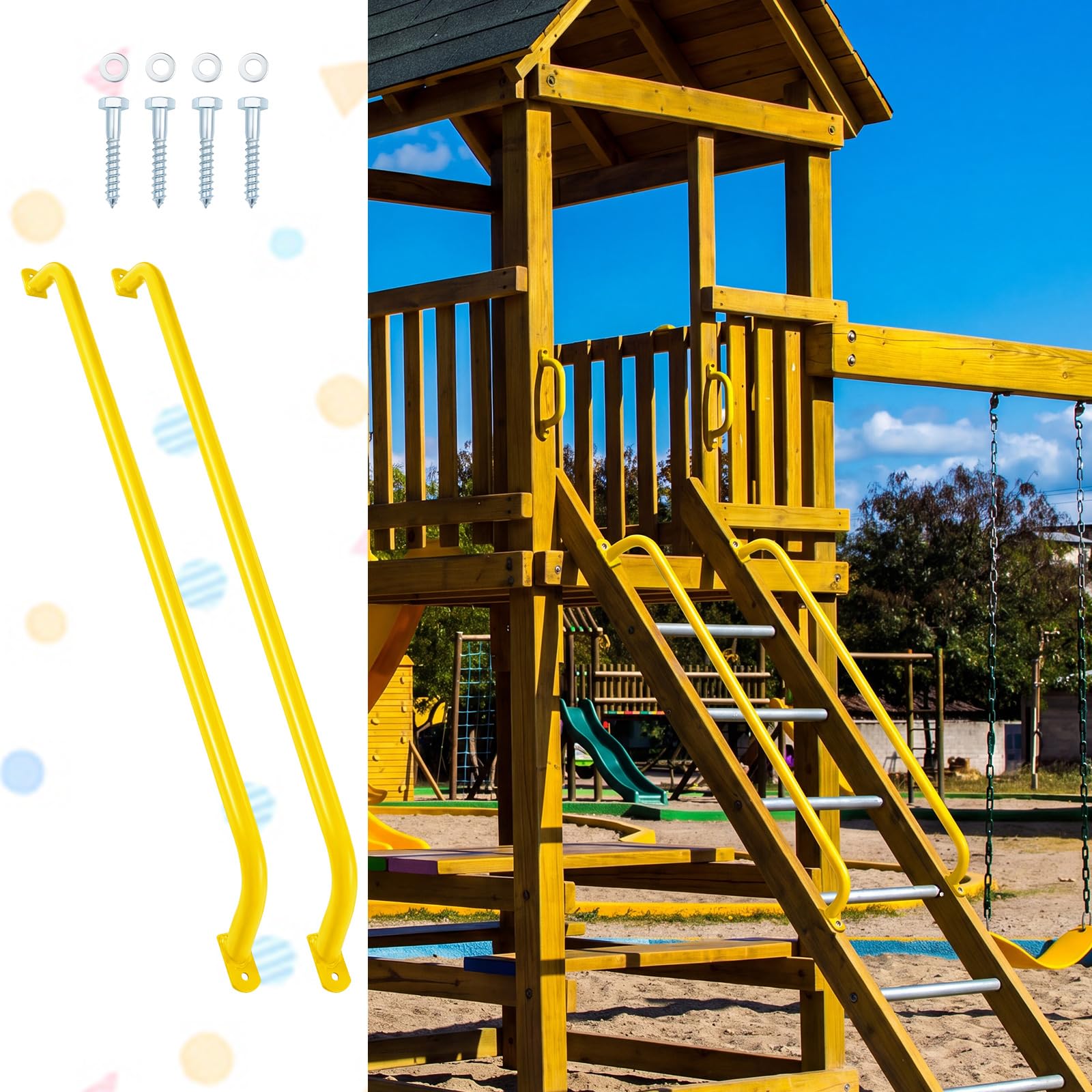 Lounsweer Accesorios para parque infantil, asas de seguridad de metal, mango de escalera para casa de juegos, barras de agarre largas para casa de árbol, escalada en roca, parque infantil (2, amarillo
