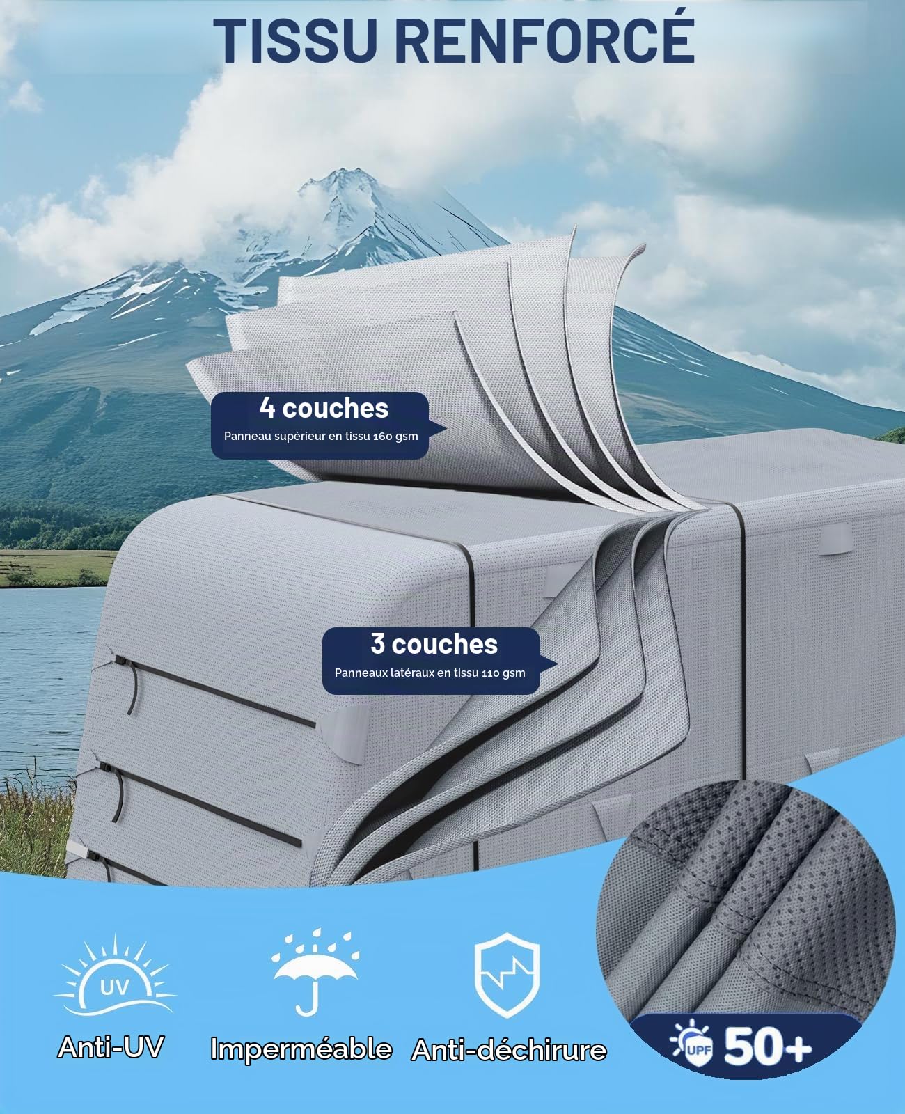 Bâche Caravane 6,1-6,7 m, Housse 4 Couches Imperméable Coupe-Vent Antigrêle, Résiste UV et 400 kg Résistance Déchirure, Housse Transpirable avec Sangles Fixation et Enveloppes Roues