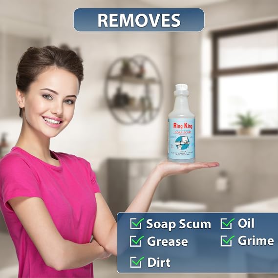 Amazon Brand - Ring King Toilet Soap Scum Remover For Shower | 32OZ Fast Acting Hard Water Stain Remover Multi-Surface Bathtub Cleaner For Tile, Glass, Limescale & Sink No Scrubbing
